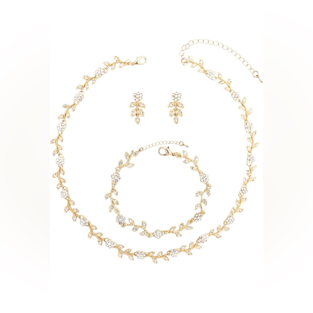 Rhinestone Choker Necklace Dangle Earring Link Bracelet Jewelry Set